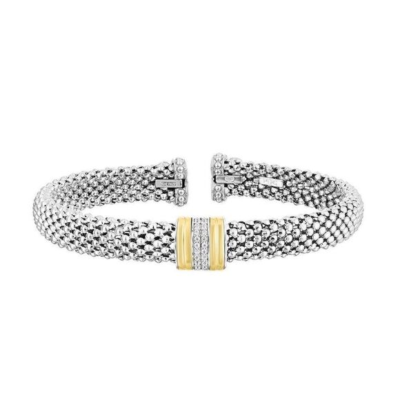 Phillip Gavriel Silver & 18K .10ct Diamond Bars Popcorn Cuff Bangle - Picture 1 of 1